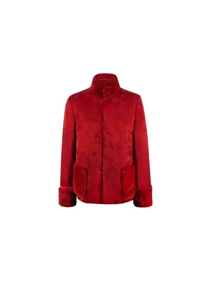 HECO 100% viscose High Neck Fur Collar red black Cotton Suit Women - entity.