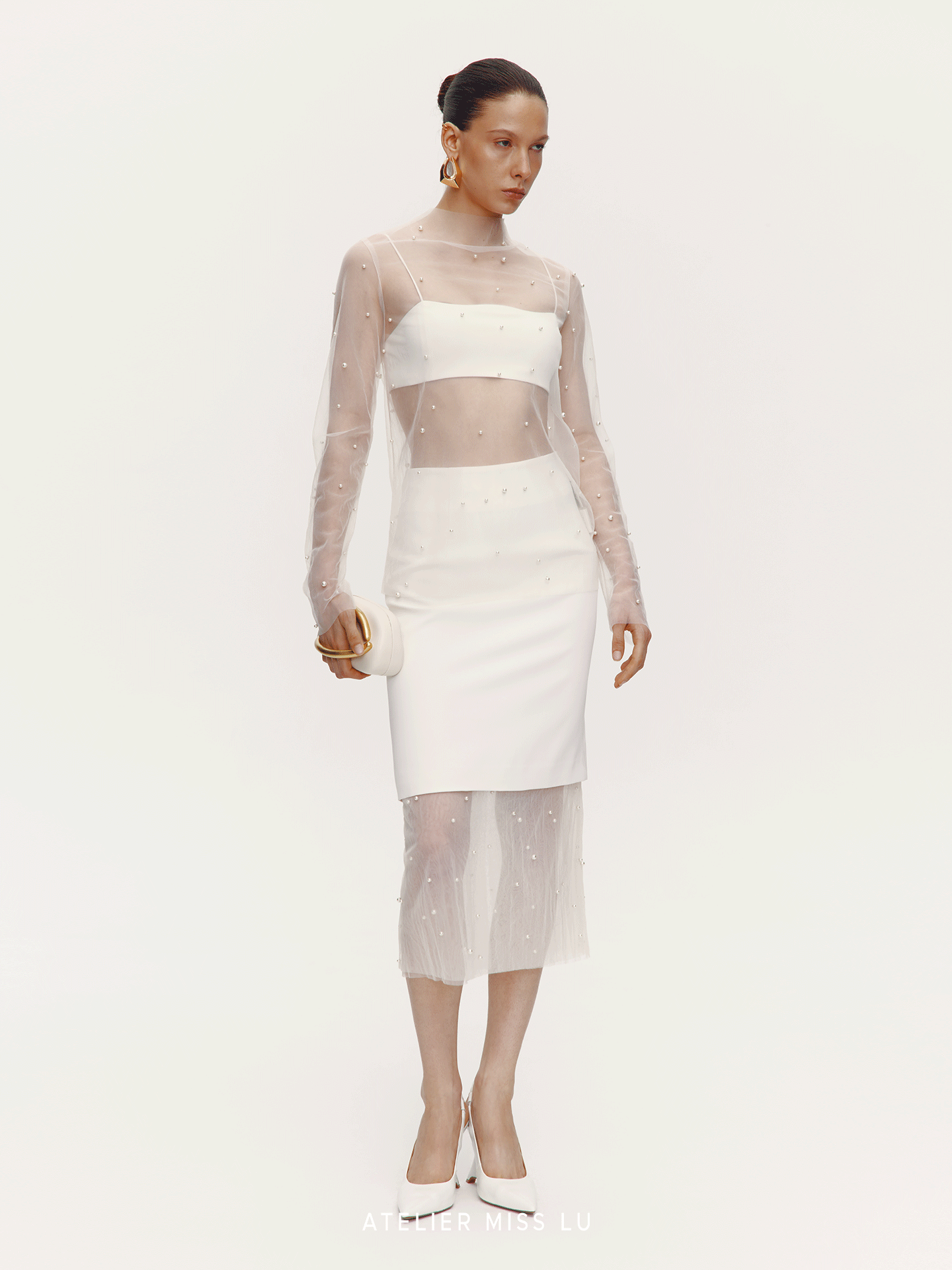 ATELIER MISS LU Pearl Embellished Gauze Spliced Straight Skirt - DRY.