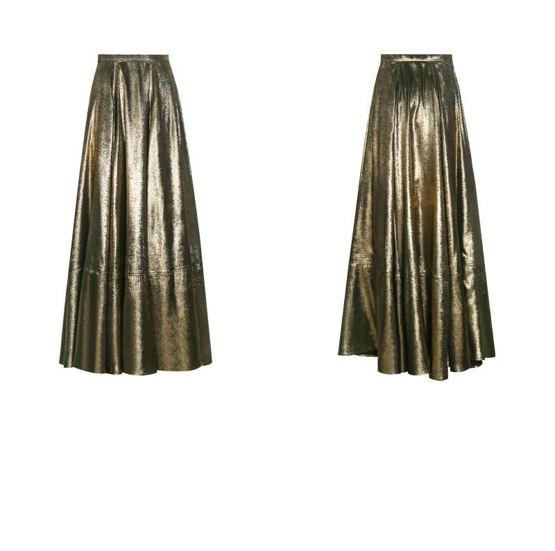 PURITY lacquered metallic gold A-line skirt silhouette leather vest- Celeste