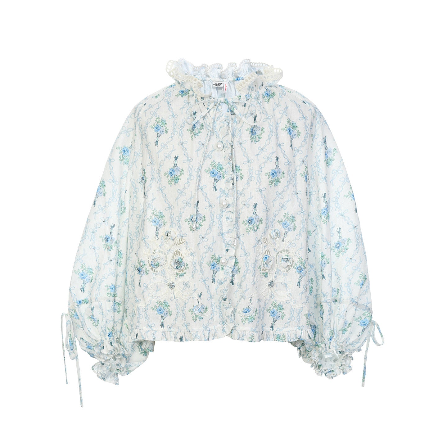 FAME printed disc rope bead embroidered ruffled cutout top - MARCUS