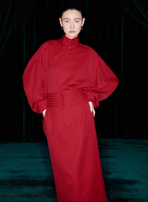 M essential Mackay designer wool new Chinese high-neck placket shirt - fire.