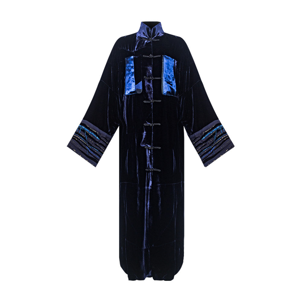 TUYUE Blue Silk Velvet Handmade Buckle Stand Collar Robe Jacket - RUTH.