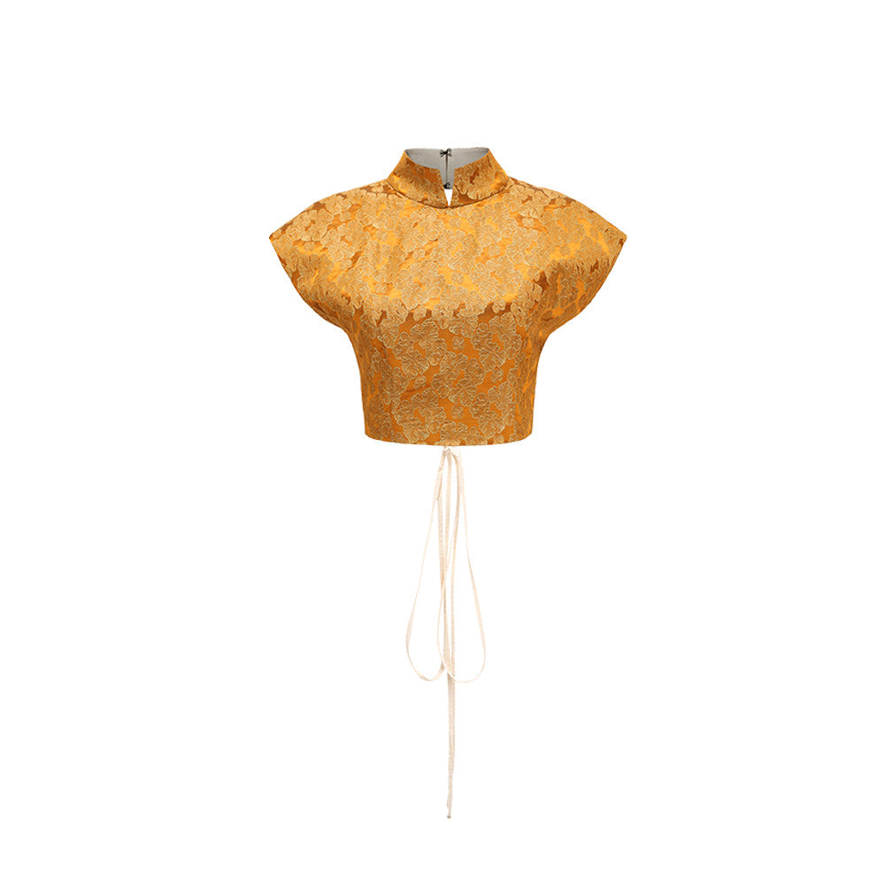 TUYUE Gold Carving Linen Mulberry Silk Lace-up Backless Top - DENVER.