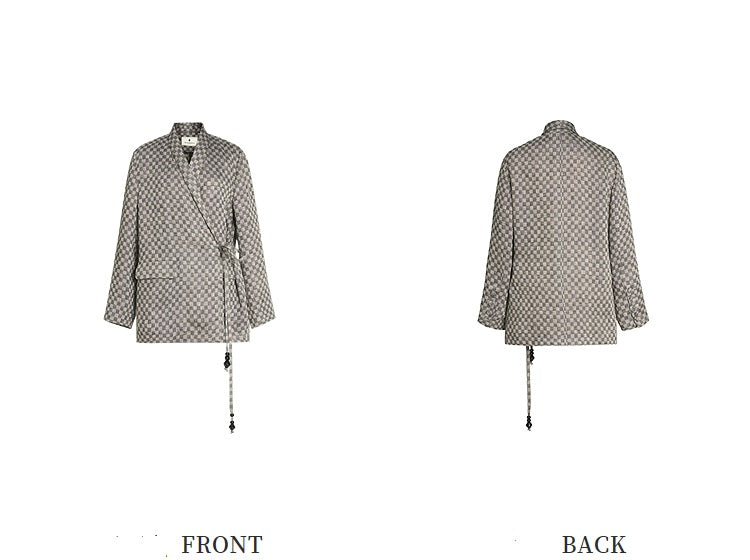 ZHUCHONGYUN checkerboard lace-up linen Chinese suit-TUCKER.