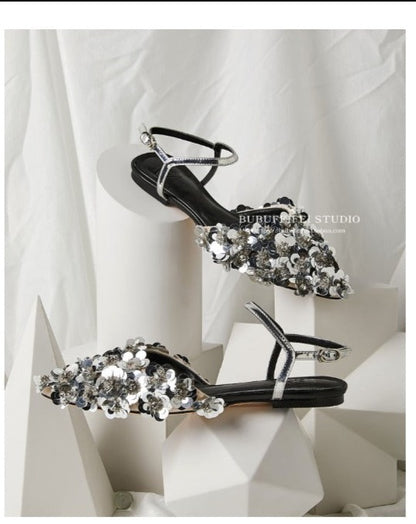 B-FEI spring/summer  silver sequin flat sandals shoes - Ilom