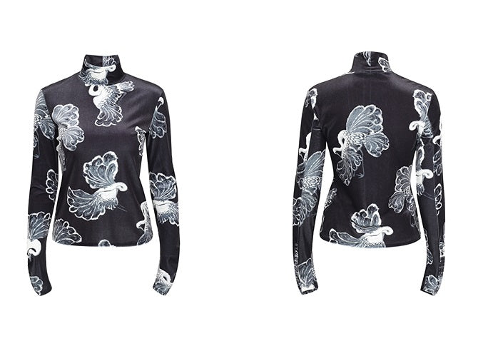 ZHUCHONGYUN Stork Print Slim Suede high neck long sleeve top-HOHEN.