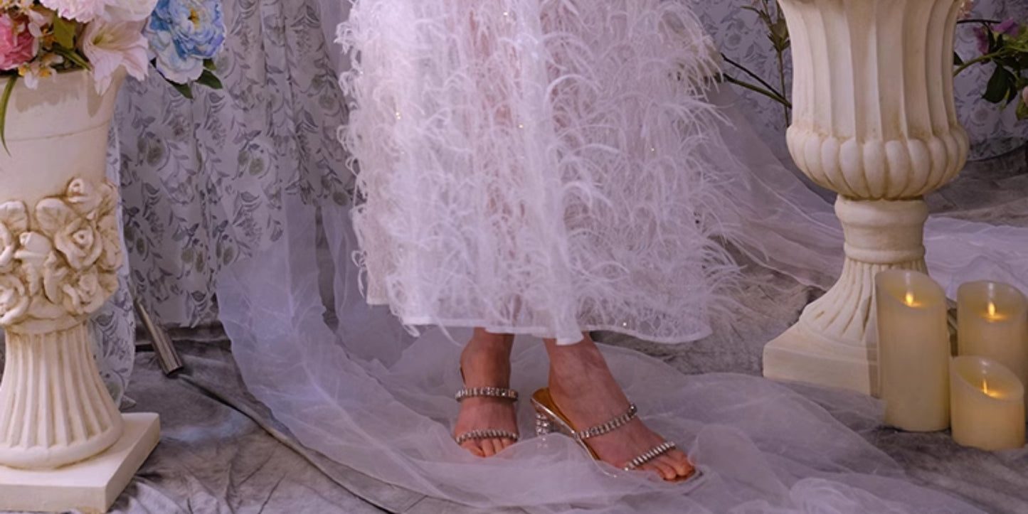 Wardrobes by Chen Elegant White Sleeveless Feather wedding bridal Dress-Peg