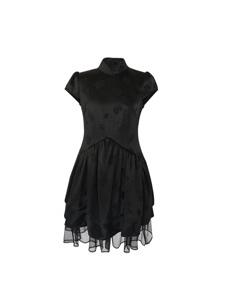 HECO Acetate Jacquard Midi Tiered Cap Sleeves Dress - HEART.