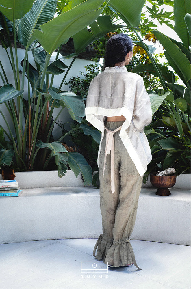 TUYUE Grey Crew Neck Back Lace-up Long-Sleeved Top - SNOW.