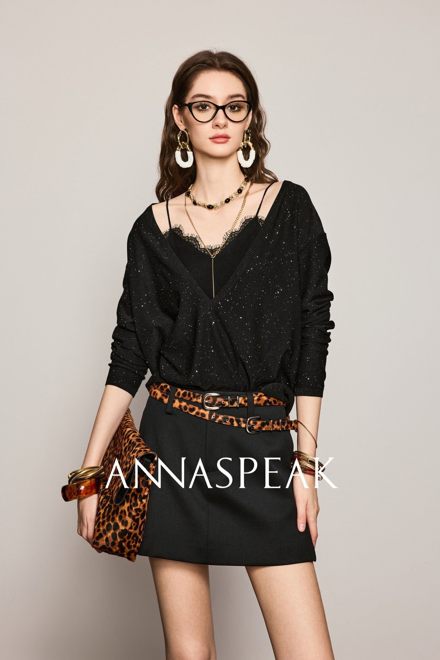 ANNASPEAK wool bead piece V-neck knit-SACE.