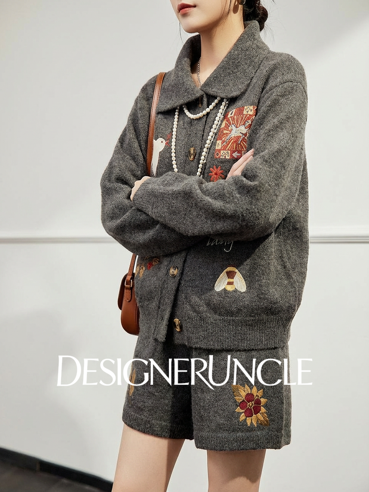 DGU×LAB|Gray Suit Printed Cardigan Knitted Shorts Two-Piece Set - PRESENCE