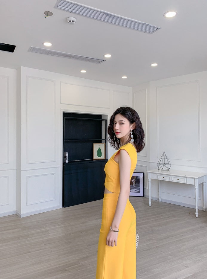 DOLLY Elegant Two Piece One Shoulder Top Design +Long Flared Pants-AMINA