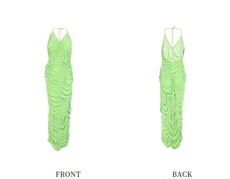 ZHUCHONGYUN Green ruched halter low-cut back silk satin dress-IRUMI.