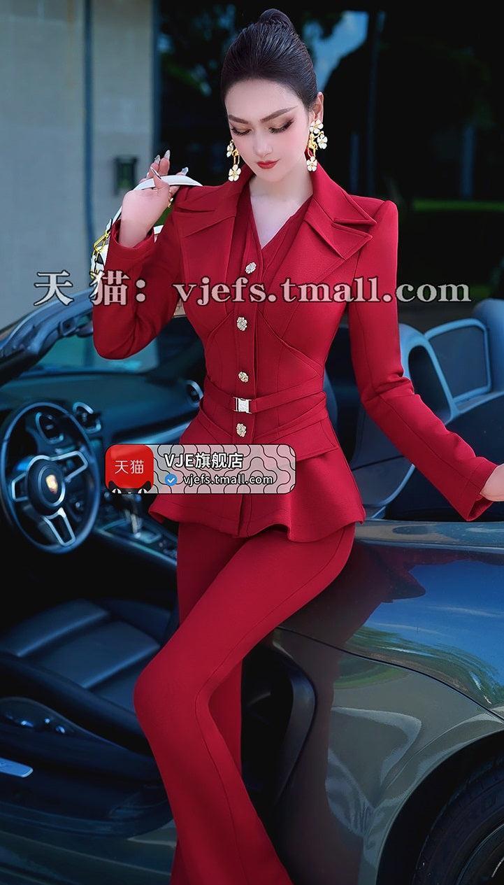 VJE Jacket High-Waisted Flared Pants Two-Piece Set - DAMO.