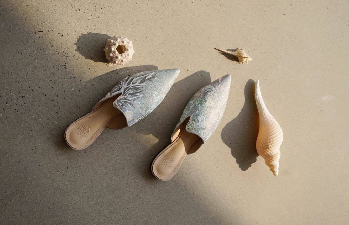 B-FEI vintage satin embossed flat mules-JOYCE.