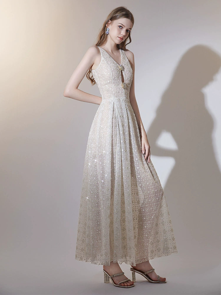 Wardrobes by Chen Elegant Cream Sleeveless Sequin Diamond Dress-KLAIRE L / Cream Wardrobes by Chen Elegant Cream Sleeveless Sequin Diamond Dress-KLAIRE L / Cream