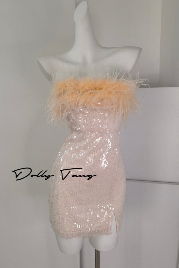 DOLLY High End Off White Feather Tube Top Sequin Short Slit Party Dress-PANTI