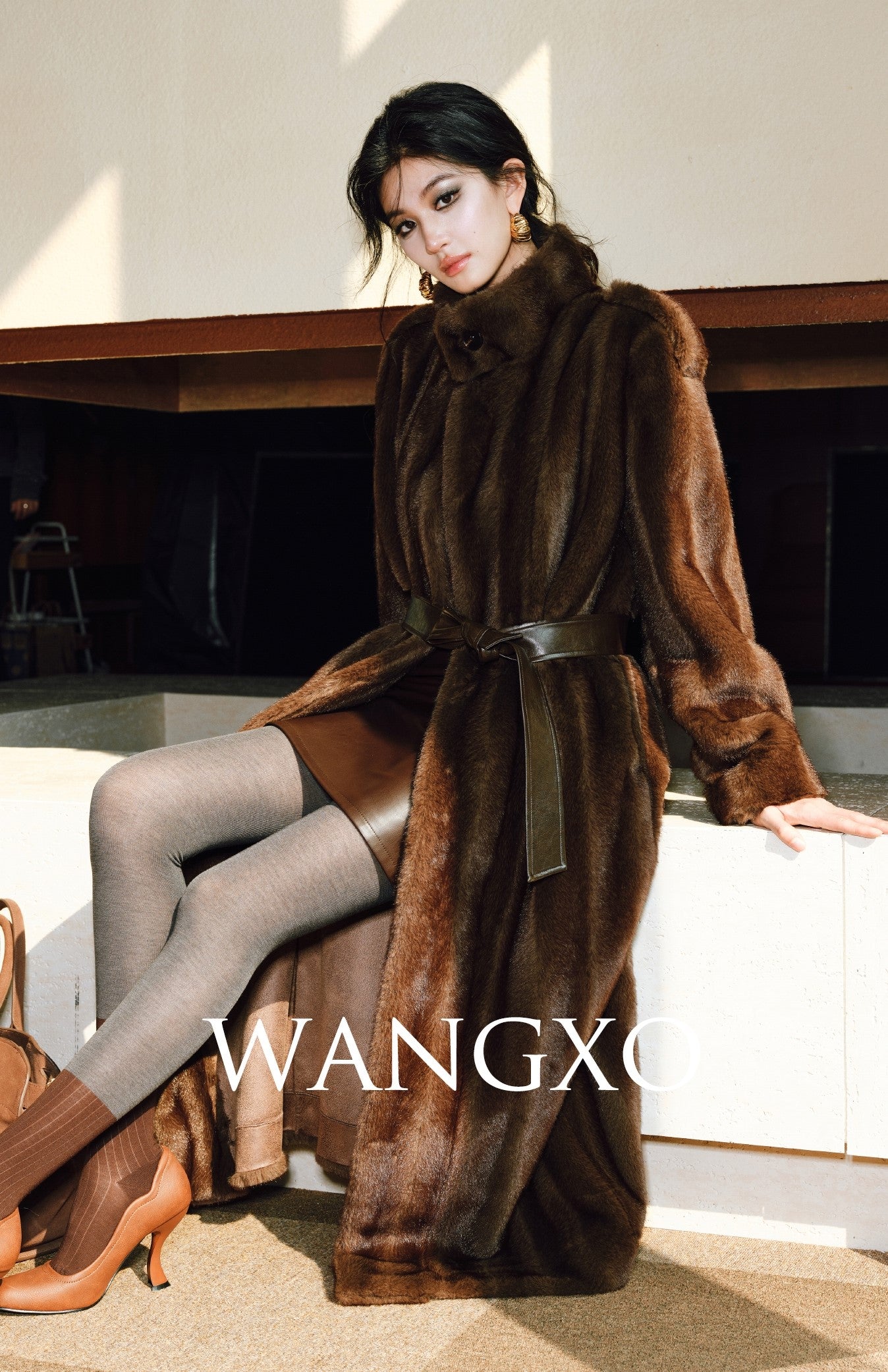 WANGXO | Tibetan Pas-Striped Mink Texture Belted Fur Coat -YUNI