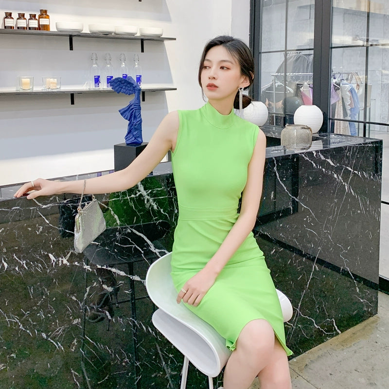 DOLLY High End Stand Collar Sleeveless Slim Fit Bandage Midi Dress-KYA S / Green DOLLY High End Stand Collar Sleeveless Slim Fit Bandage Midi Dress-KYA S / Green