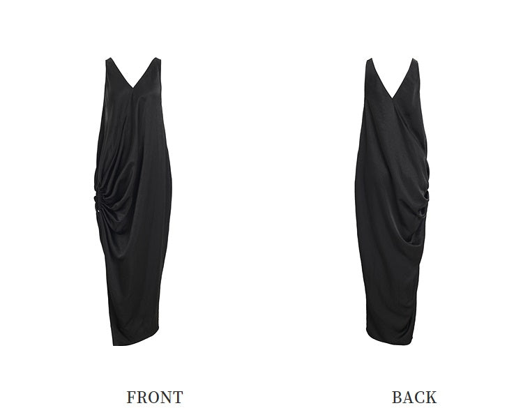 ZHUCHONGYUN Black Stylish Wide Strap V-Neck Pleated Slit Dress-SABRI.