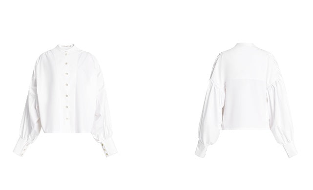 ZHUCHONGYUN balloon sleeve stretch mock neckline white shirt-STAD.