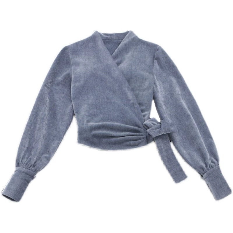 Le Palais Vintage Elegant long sleeves V-neck matte velvet dinner wrap top-Maryann