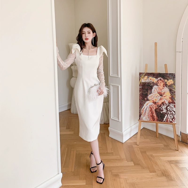 DOLLY Elegant White Square Collar Lace Long Sleeve Midi Banquet Dress-MALOY M / White DOLLY Elegant White Square Collar Lace Long Sleeve Midi Banquet Dress-MALOY M / White
