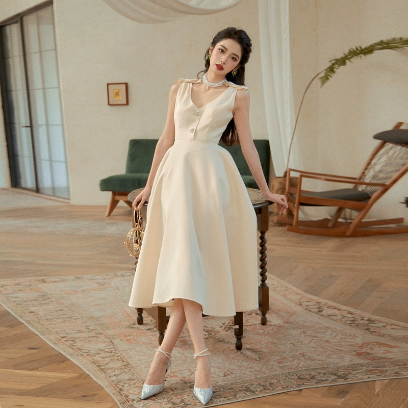 Dolly Elegant Cream Retro French Style Stain Midi Formal Dinner Dress-UJU S / Peach Dolly Elegant Cream Retro French Style Stain Midi Formal Dinner Dress-UJU S / Peach