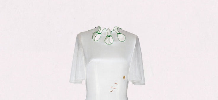 Magic Q embroidered flower drop neck panel gauze sleeves skirt - Vaielo