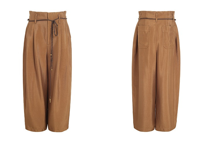 ZHUCHONGYUN coffee brown hand-woven belt cropped pants-TODOROKI.