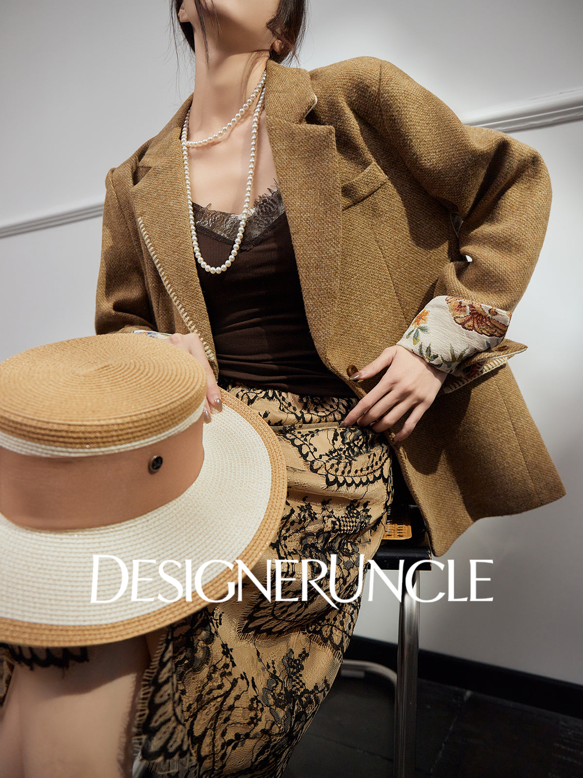 DGU| Coffee Suit Single-Breasted V-Neck Knitted Cardigan Woven Hip Skirt Set - MAKER.