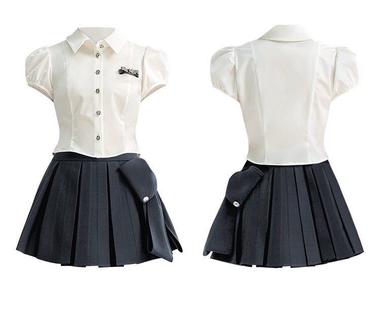 CHECOCRE Stubble sweet cool girly suit dark gray pleated skirt - MEDE.