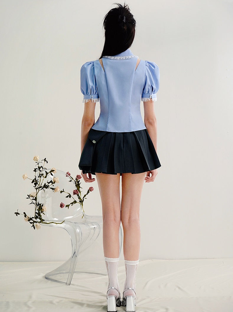 CHECOCRE Chic Three-dimensional Flower Puff Sleeve Cutout Sexy Blue Top - ATRACT