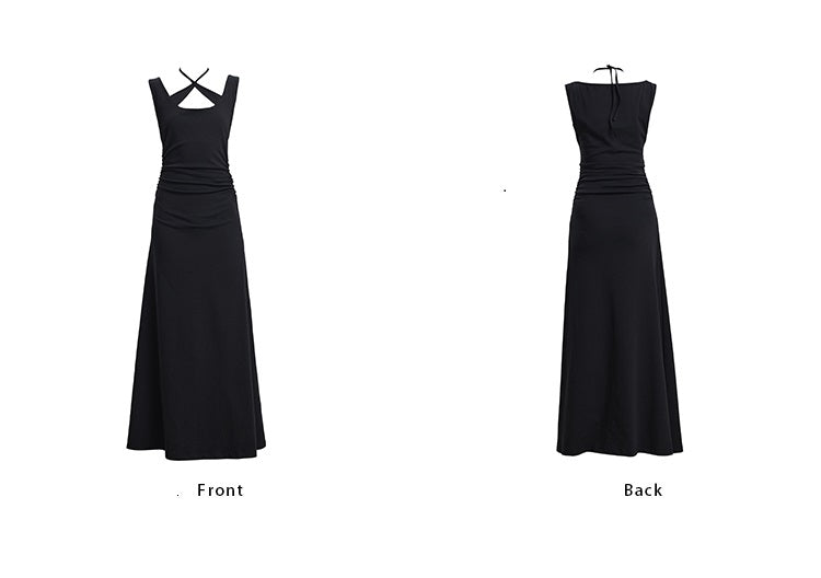 TINY IN cross-neck pleated knit maxi black dress-AYA