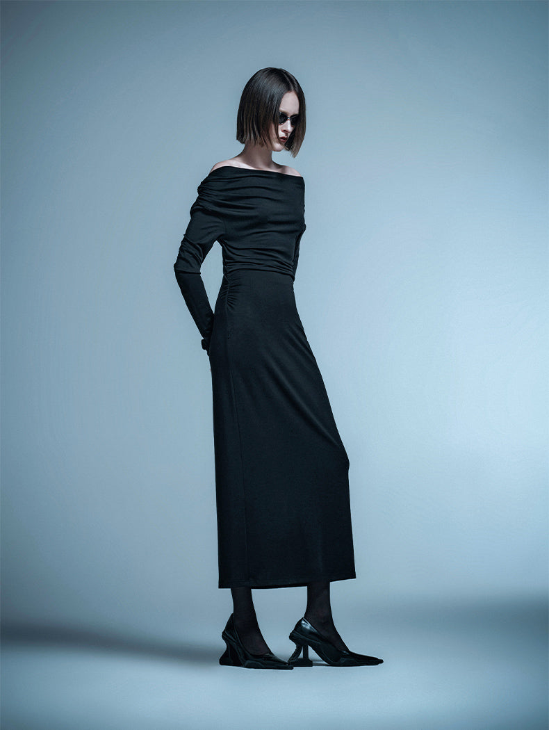 ANNAKIKI Designer Vertical Back Cut-out Pleated One-Line Neck Dress-MIU