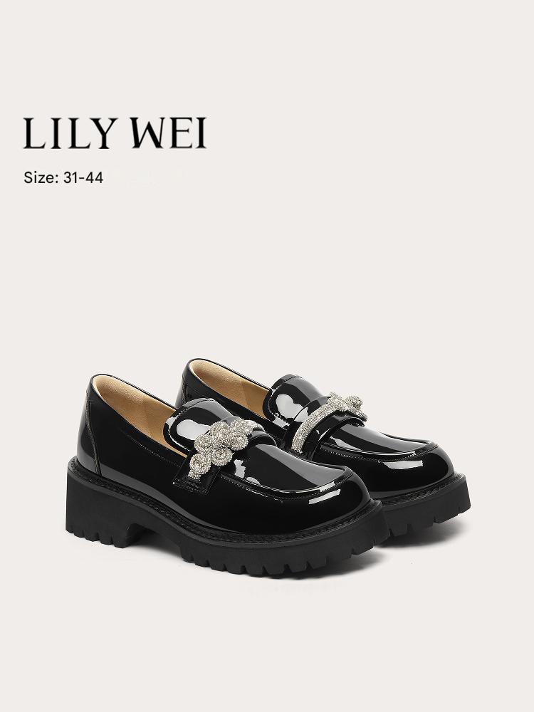 Lily Wei Fashion Black Patent Leather Loafers 2025 New College Style Literary Small Leather Shoes- CAMELIA