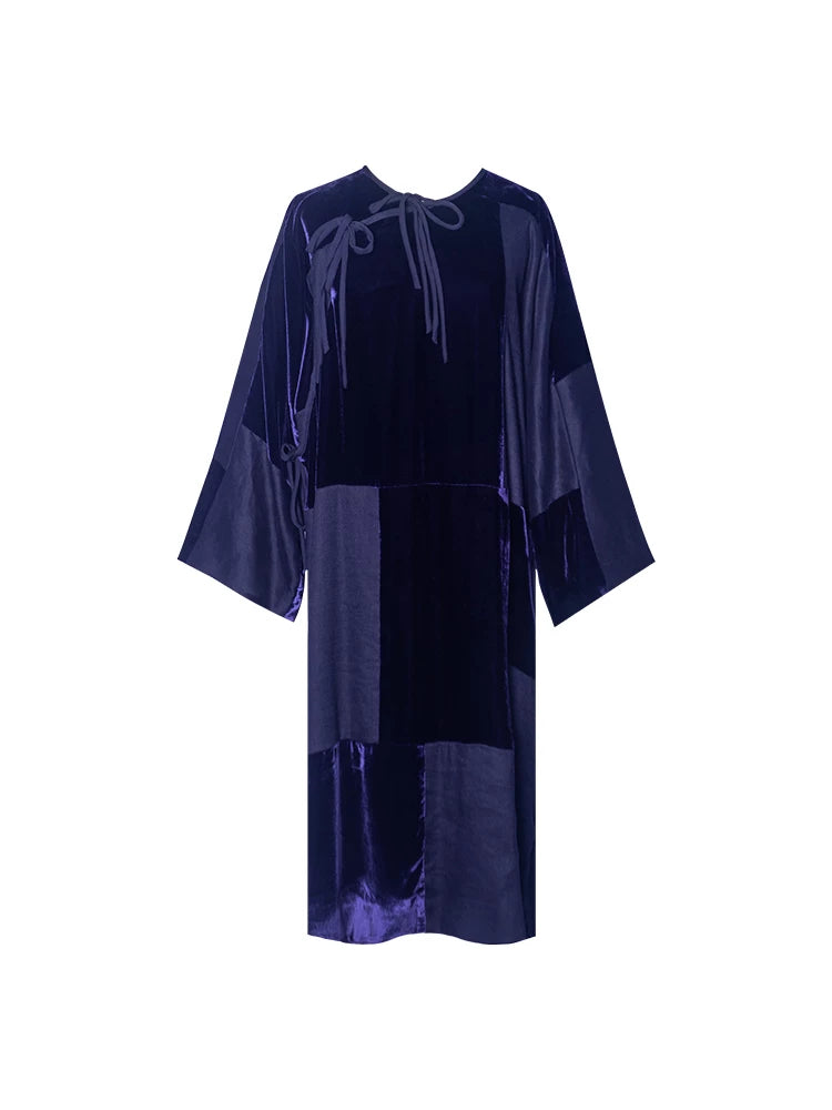 TUYUE Blue Lace-up Silk Velvet × Linen silhouette dress-PALOMA