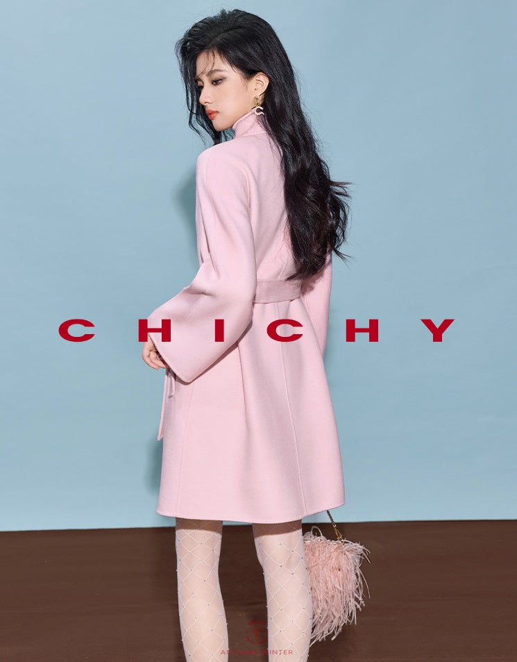 CHICHY Cashmere Classic Pink Reversible Woolen Lace-up Midi Length Coat-GINRO