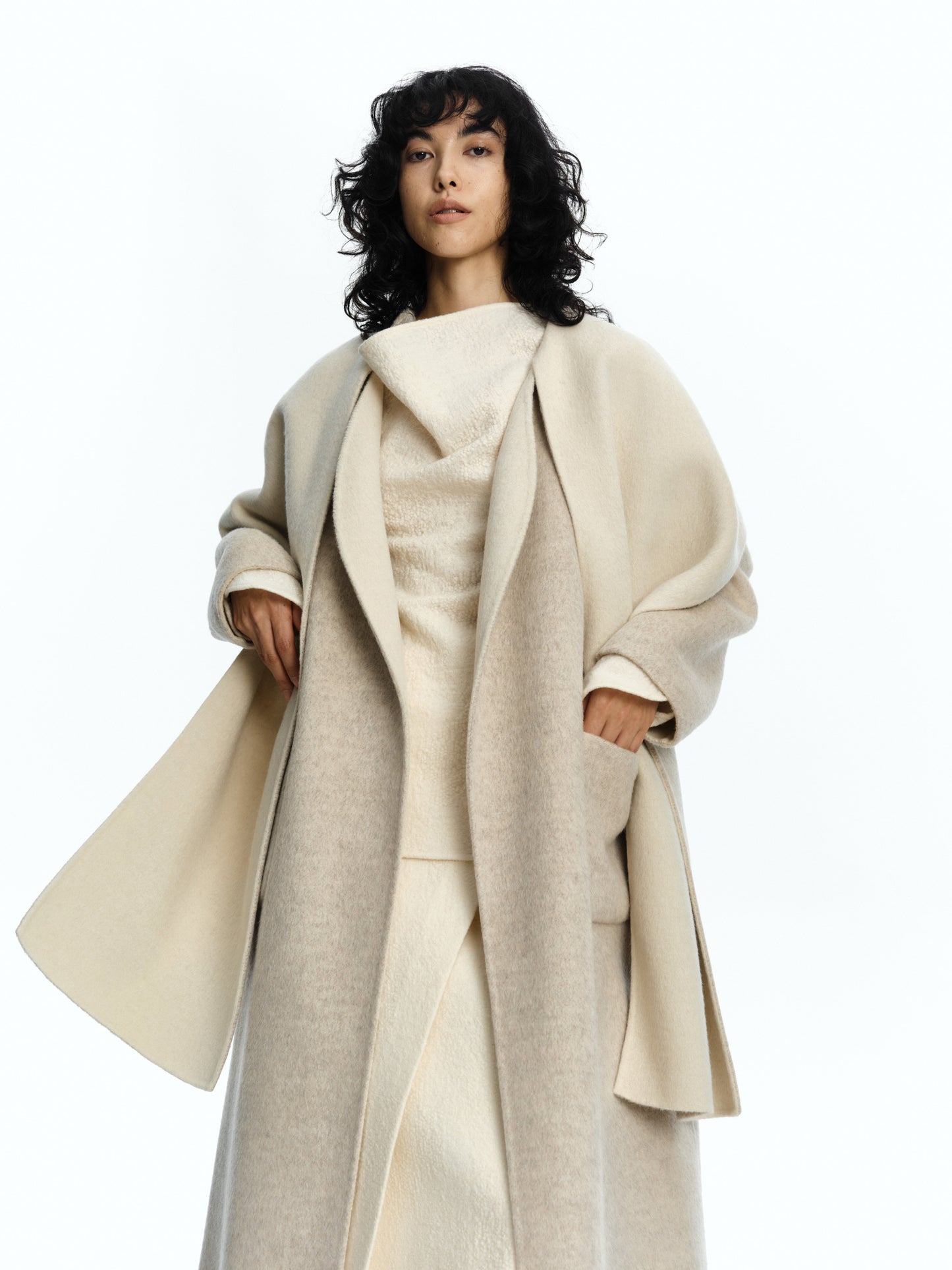 SERRER ivory two-tone shawl reversible wool coat - MARCUS.