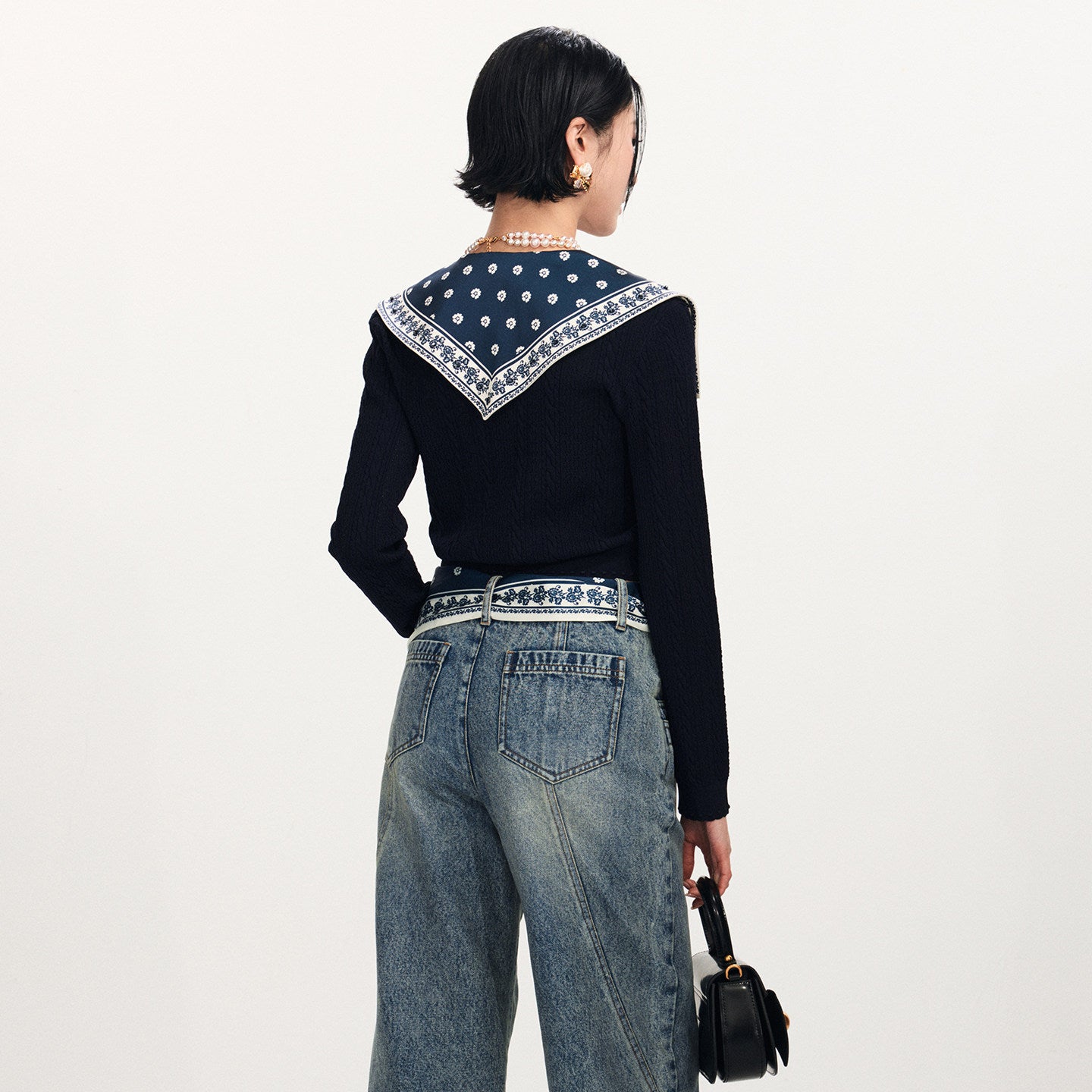 FAME Beaded Printed Silk Scarf Shawl Knitted Cardigan Top - BRONSON