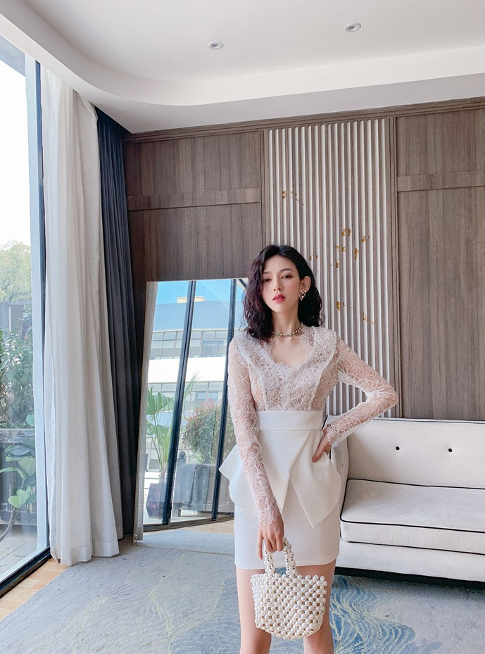 DOLLY Elegant White V-Neck Long Sleeve High Waist Peplum Short Date Dress-LOUIS