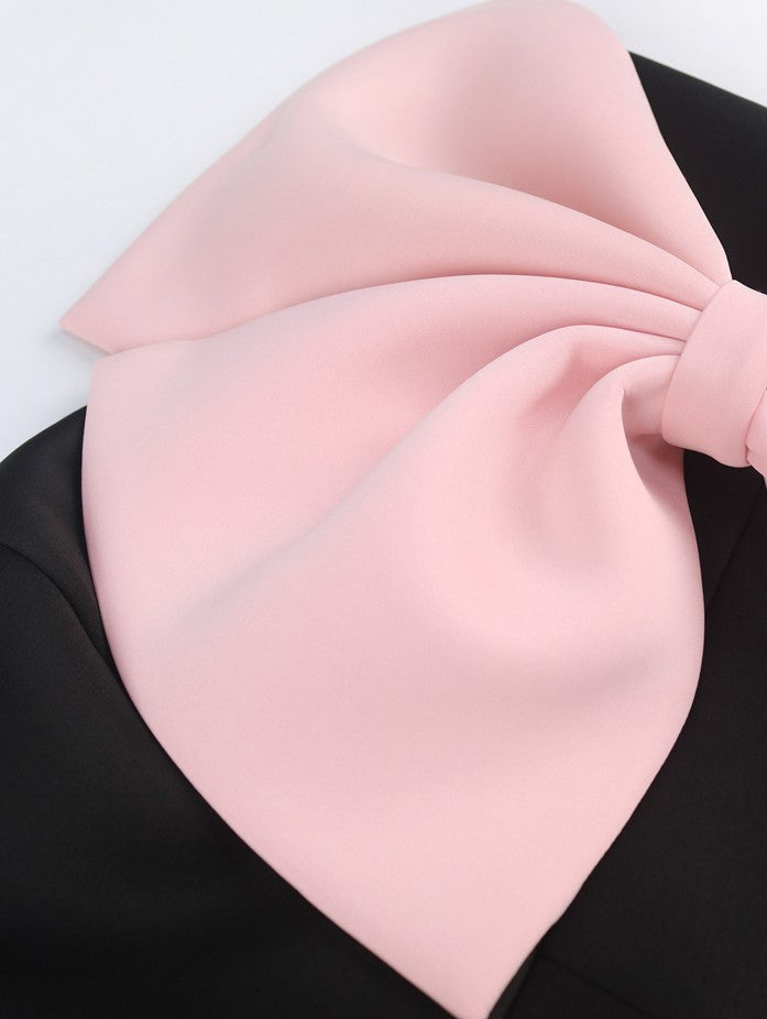 DOLLY Luxury French Style Chest Wrap Pink Bow Body Hug Black Cocktail Dress-ARETE