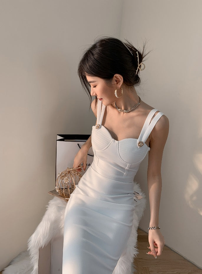 DOLLY Elegant V-Neck Sleeveless Tube Top Body Hug Midi Party Dress-KASIE