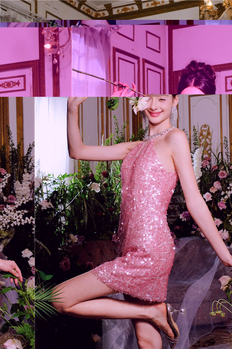 Wardrobes by Chen Luxury Sleeveless halter Sequin Short cocktail Dress- Limmi