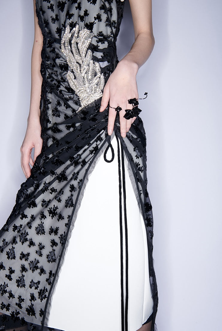 M essential Mackay designer Dot Rose jacquard iris embroidered folded dress - ceaser.