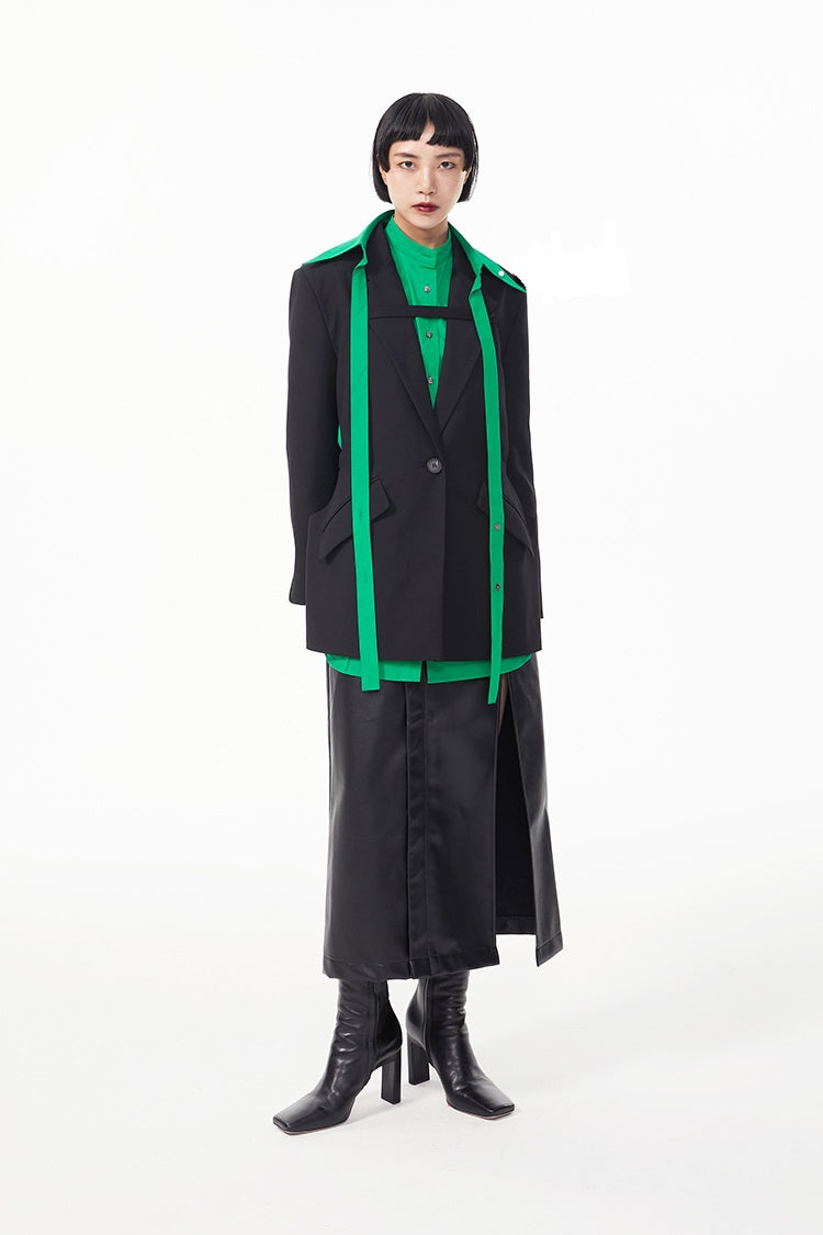 TINYIN waist silhouette blazer women's one-button mid-length green black-ZYN