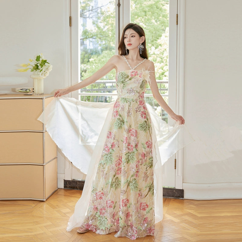 DOLLY Elegant Flower Print Sleeveless Sequin Embroidered Long Halter Neck Dress-DOMMA (V) DOLLY Elegant Flower Print Sleeveless Sequin Embroidered Long Halter Neck Dress-DOMMA (V)