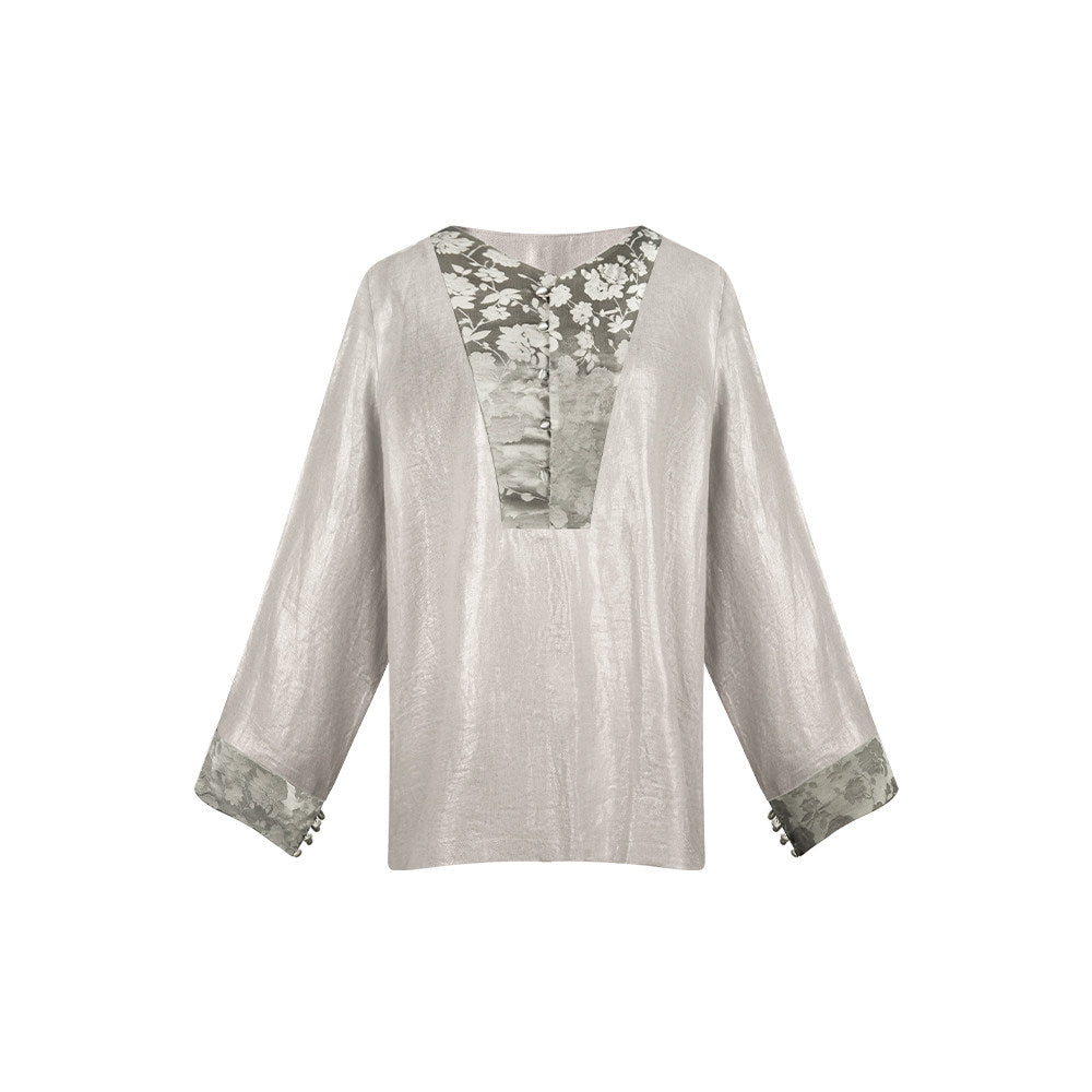 TUYUE Linen Glossy Long Sleeve V-Neck Loose Shirt - ALICIA.