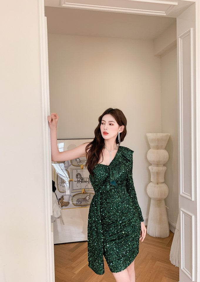 DOLLY Luxury White Sequined Slant Collar Off Shoulder Long Sleeve Dinner Dress-KAKA