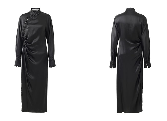 ZHUCHONGYUN stand-up collar pleated loose long sleeve slit dress-GILGA.
